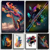 【YF】 Pop Colorful Musical Instrument Poster Aesthetics Flute Saxophone Drum Canvas Painting Wall Mural Room