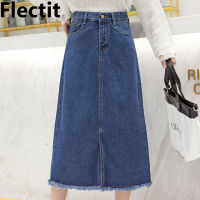 Flectit Womens Midi Denim Skirt High Waist A-line Raw Hem Split Front Jeans Skirt Plus Size S- 5XL Spring Summer Outfit