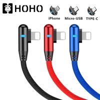 HOHO?ชาร์จโทรศัพท์มือถือ สายเคเบิล L มุม90องศา Type C/Micro USB/iPhone/Android Liquid 2A data Charging Cable สายชาร์จพร้อมไฟ LED ชาร์จโทรศัพท์มือถือ สายชาร์จแบบถัก