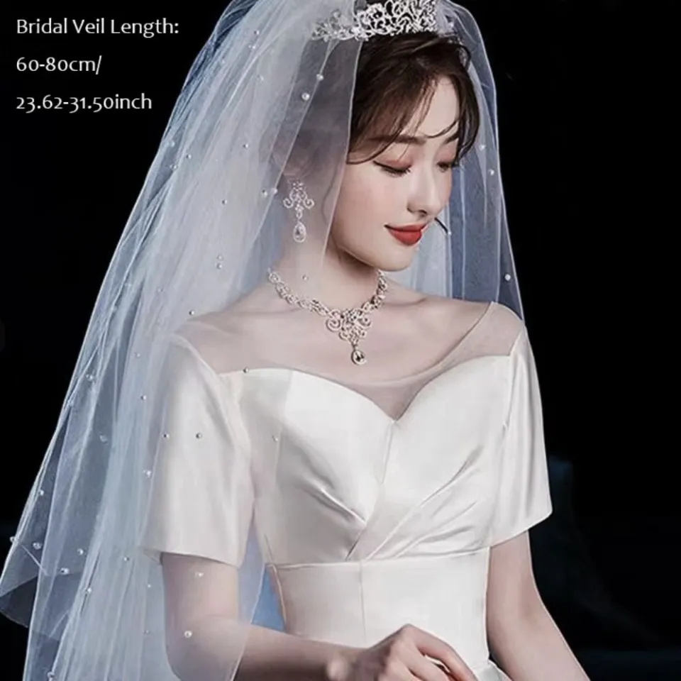 1pc White Fashionable Pearl Hair Comb Short Bridal Veil For Princess