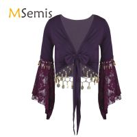 【YD】 Womens Belly Shawl Costume Three Quarter Sleeve Bead Tassel Lace-Up Crop Top Cardigan Dancewear