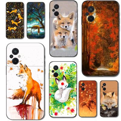 Phone For Xiaomi Poco M5 4G Case Phone Back Cover Soft Silicone Protective Black Tpu Case Fox autumn leaves