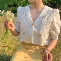 COD dhdfxcz Lovito Casual Plain Button Front Embroidery Floral Blouse for Women LNA03095 (White)