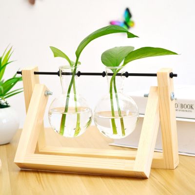 Creative Wooden Frame Hydroponic Plant Glass Vase Transparent Glass Flowerpot Container Tabletop Ornament Vase Potted Ornament