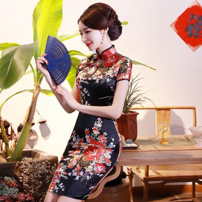 BLACK Print Flower Women Short Slim Cheongsam Sexy High Split Chinese Traditional Dress Plus Size Rayon Qipao Vestidos S-6XL
