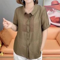 Womens Embroidery Vintage Cotton Linen Button Up Shirt Summer Fashion Solid Loose Short Sleeve Casual Shirt Simple Ladies Tops