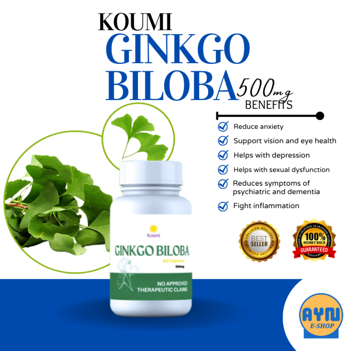 Koumi Ginkgo Biloba Capsule Supplement 60caps 500mg Reduce Anxiety Depression Symptoms of