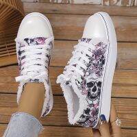 xixibeauty Womens Skull Pattern Canvas Shoes, Low-top Round Toe Non-slip Raw Trim Lace Up Halloween Shoes, Comfy Outdoor Shoes