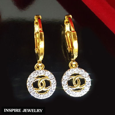 Inspire Jewelry ,ต่างหูCN ล้อมเพชรCZ แบบห่วง งานจิวเวลลี่ ตัวเรือนทองแท้ 24K  สวยหรู ขนาด 1 x 1 CM พร้อมกล่องทอง