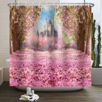 Dreamy Castle Shower Curtain Pink Flowers Fabric Modern Baby Girl Bathroom Decor Accessories With Grommets And Hooks 180x180cm