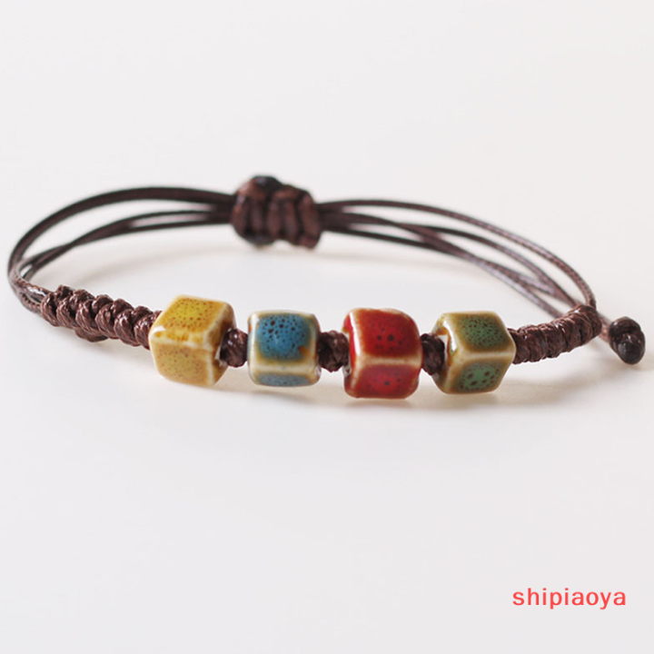 shipiaoya-กำไลลูกปัดเซรามิกแฟชั่นสไตล์ชาติพันธุ์ทั่วไปสำหรับผู้หญิงผู้ชายกำไลข้อมือสร้อยข้อมือเชือกขี้ผึ้งทำด้วยมือปรับได้