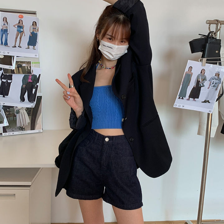 nantao-กางเกงขาสั้นผ้ายีนส์ผู้หญิงเรียบง่าย-2023-ฤดูร้อนสไตล์เกาหลี-a-กางเกงลำลองทรงตรงเอวสูงใส่แล้วดูผอมสำหรับคนตัวเล็ก