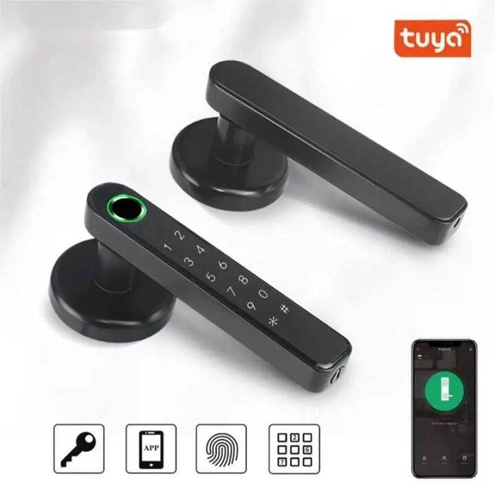 tuya-แอปรีโมทคอนโทรลสมาร์ทล็อครหัสผ่านโดยใช้ลายนิ้วมือไฟฟ้า-biometrics-รหัสตัวเลขสลักล็อคประตูเดียวที่มีกุญแจ