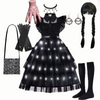 Halloween Wednesday Merlina Addams Girl Costume With LED For Kids Fancy Carnival Party Ball Gown Princess Dress Cosplay Movie