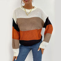 O-neck Patchwork Sweater Women Striped Knitted Pullover Autumn Winter Long Sleeve Loose Female Warm Sweater