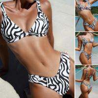 Women Sexy Swimsuit Halter Triangle Lace Up Mid Waist Bikini Set Comfy Zebra Print Bra Brief Set Beachwear Bathing Suit Swimwear