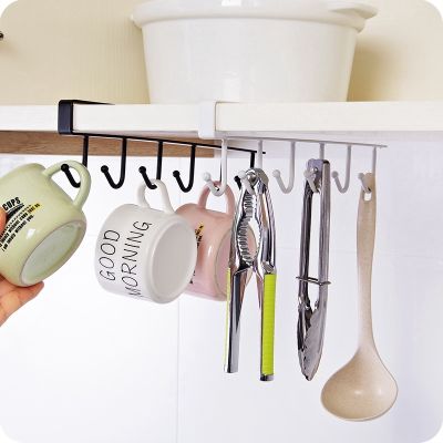 Black/White Iron 6 Hooks Cup Holder / Hanging Bathroom Hanger / Kitchen Organizer Cabinet Door Storage Rack / Wardrobe Hanger Tie Organized Rack