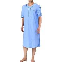 2023ผู้ชายยืนคอมุสลิม Nightgown หน้าแรกสวมแขนสั้นกระเป๋าปุ่มลงสีทึบนอนเสื้อคลุมที่เดินทางมาพักผ่อน