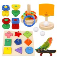 5 Pcs Bird Parrot Training Toys Set Include Wooden Block Puzzle Toy Basketball Stacking Rings Skateboard Nuts And Bolts Toy