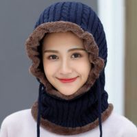 Women Winter Warm Cable Knitted Balaclava Hat Plush Lined Thermal Windproof Full Cover Drawstring Earflap Hood Cap Scarf