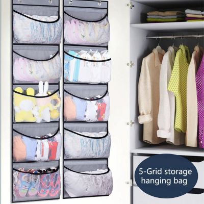 【YF】 Over The Door Organizer With 2 Hooks 5 Pockets Large Capacity Underwear Socks Hanging Bag Behind Closet Storage Shelves