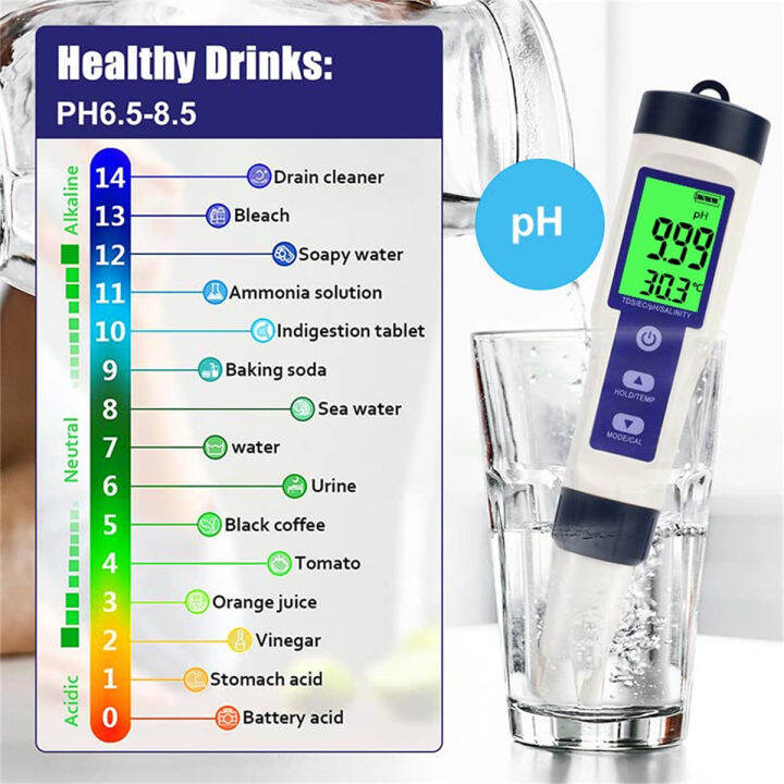 5 in 1 Salinity PH Temp EC TDS Meter, PH Meter Pool Salt Tester, Water