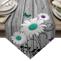 【cw】 Wood Grain Butterfly Daisy Table Runner Wedding Decoration Anti-stain Coffee Table Tablecloth Table Cover Table Runner ！