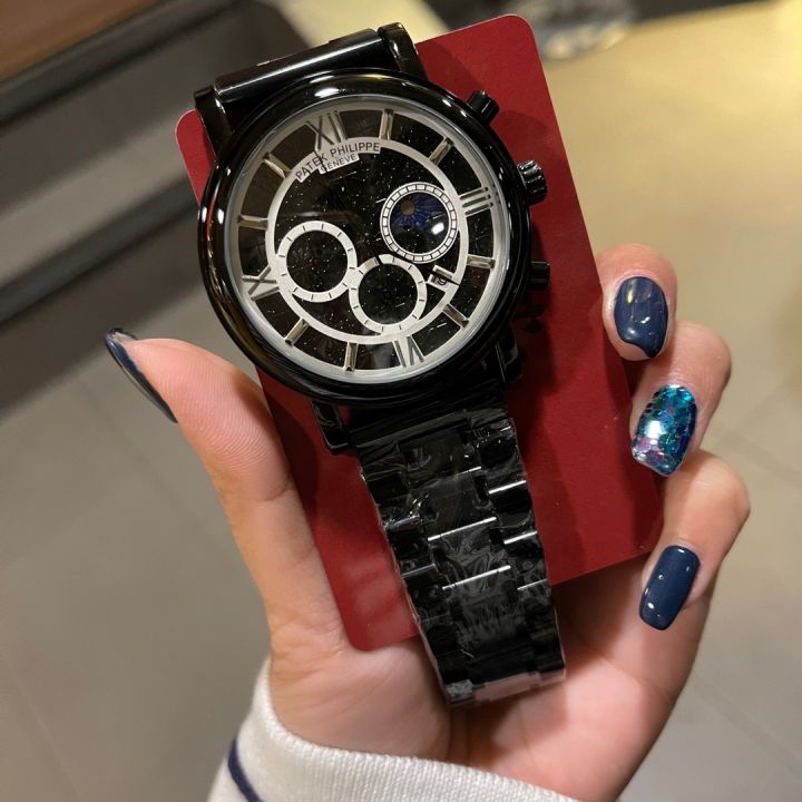 นาฬิกาควอตซ์ผู้ชายผู้หญิงคุณภาพสูงสายสแตนเลสนาฬิกา-unisex-นาฬิกาข้อมือสีดำ