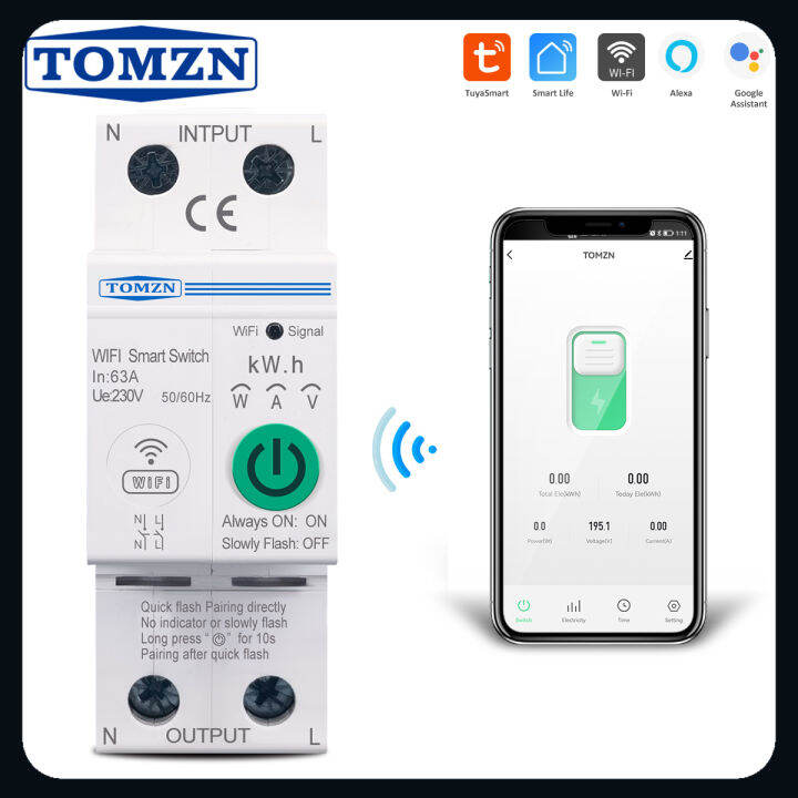 Interruttore Smart WiFi TOMZN 63A 110/230V – Con Riarmo Automatico, Misura KWh, Protezione Sovra/sottotensione, Differenziale, E Monitoraggio Remoto