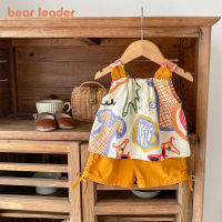 Bear Leader 0-3ปี2023ชุดฤดูร้อนใหม่เสื้อผ้าเด็กผู้หญิงแขนกุดกราฟฟิตีเด็ก + กางเกงขาสั้นอัดจีบสีทึบ2ชิ้น