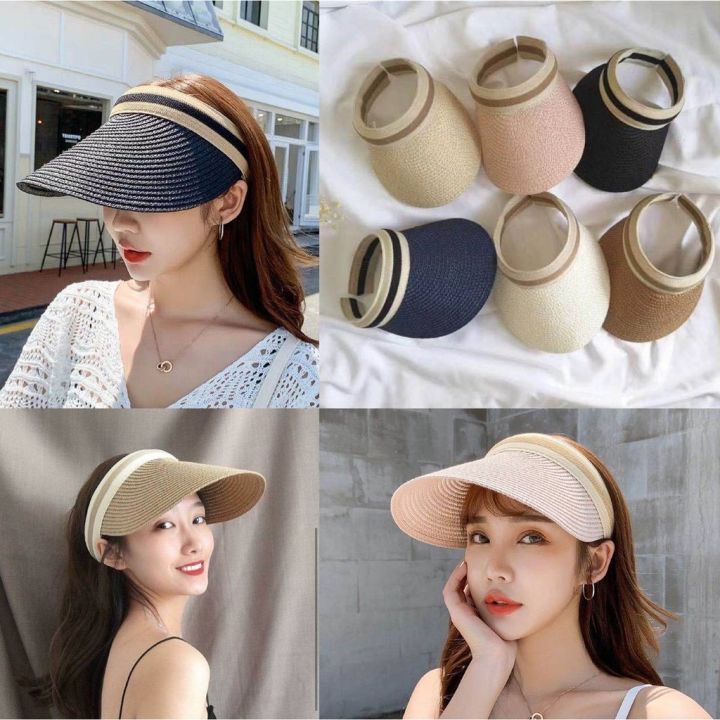 พร้อมส่ง-แพ็คใส่กล่อง-หมวกสานคาดผม-หมวกผู้ใหญ่-หมวกสานครึ่งหัว-หมวกปีก-สไตล์เกาหลี-หมวกกันแดด-หมวกเปิดหัวสำหรับผู้หญิง