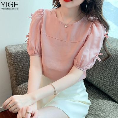 YIGE Puff sleeve bow white blouse womens 2023 summer new Korean version casual tunic top