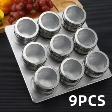 4/6/9/12pcs Magnetic Spice Jars with Wall Mounted Rack Tray Stainless Steel  Spice Tins Spice Seasoning Containers