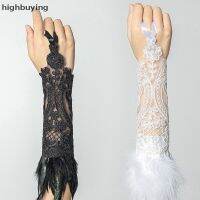 ✹✐◄ [highbuying] ถุงมือยาว ตาข่าย ลูกไม้ ประดับขนนก สไตล์โกธิค สําหรับผู้หญิง งานแต่งงาน ปาร์ตี้ฮาโลวีน พร้อมส่ง