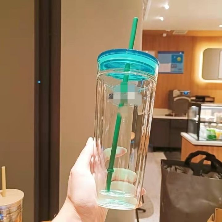 high-end-cups-ถ้วยสีพร้อมฟาง24ออนซ์พลาสติกฉนวนกันความร้อนสองชั้นถ้วยกีฬากลางแจ้งแบบพกพาถ้วยง่ายและโปร่งใส
