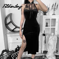 Fitshinling Goth Neck-mounted Cheongsam Dress Elegant Hollow Out Romantic Side Slit Dresses Gothic Halter Off Shouder Vestido