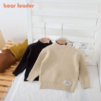 เสื้อกันหนาวชุดลำลองเด็กชาย Bear Leader เสื้อถักคู่สีคอกลม2023ใหม่ฤดูใบไม้ร่วงฤดูหนาว