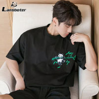 Lansboter เสื้อยืดแขนแขนสั้นคอกลมลำลองสำหรับผู้ชาย,เสื้อยืดลายปักลายแพนด้าทรงหลวมเสื้อยืดคู่รักตัวใหญ่