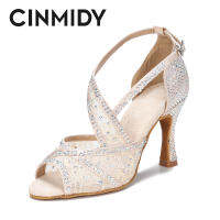 CINMIDY สีแดงแต่เพียงผู้เดียวรองเท้าเต้นรำละตินสำหรับผู้หญิงแทงโก้รองเท้าเต้นรำบอลรูมส้นคิวบา Rhinestone รองเท้าแต่งงานรองเท้าแตะของผู้หญิง