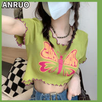 ANRUO เสื้อยืดถักนิตติ้งแขนสั้นสำหรับผู้หญิงพิมพ์ลาย Cewek Seksi เชื้อราสะดือด้านข้างดีไซน์ความรู้สึกเสื้อแบบเข้ากับทุกการแต่งตัว2023ใหม่สำหรับฤดูร้อน