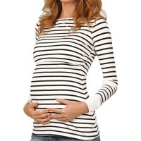 Maternity Pregnant Mother T-shirt Striped Long Sleeve Nursing Wear Autumn Simple Fashion Round Neck Tops Breastfeeding Clothes