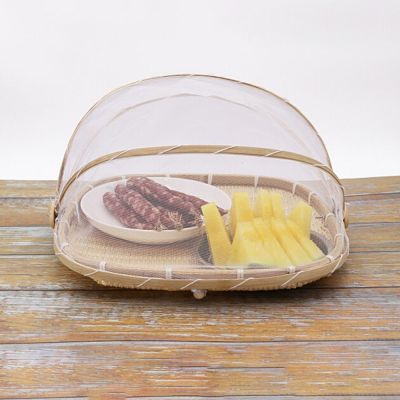 Handmade Bamboo Woven Picnic Kitchen Protect Food Bread Dishes Serving Mesh Basket Anti-flies Fruit Tray Net Tent Cover for Home