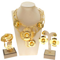 2020 Latest 24K Gold Jewelry Set Ladies Flower Glossy Necklace Earrings celet Wedding Accessories NH00048