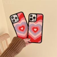 Cute Colorful Love Heart Plush Embroidered Phone Case For iPhone 14 13 12 11 Pro Max 14Pro Cover Soft Silicone Protection Funda