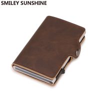 Top Quality Rfid Wallet Men Money Bag Mini Purse Male Aluminium Card Small Trifold Leather Wallet Slim Thin Brown Walet Carteras