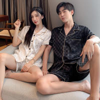 Summer Womens Ice Silk Pyjamas Short Sleeve Shorts Gentleman Checked Print Satin Sleepwear Casual Man Rayon Homewear Suit