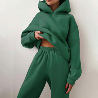 Women Tracksuit Set Solid Long Sleeve Sport Suits Autumn Winter Warm Hooded Sweatshirts And Jogger Pants Two Piece Set