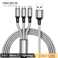 3 In 1ชาร์จสายชาร์จ USB เร็ว2.5A สายไนลอน1.2เมตรประเภท C ไฟสำหรับ IPhone Samsung สาย OPPO Xiaomi Vivo