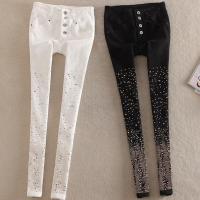 2021New cotton jeans women Rhinestone high waist single breasted denim pants feet pencil pants plus size