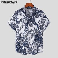 CODLiang Te INCERUN Men Cotton Vintage Style Printed Short Sleeve Lapel Collar Shirts